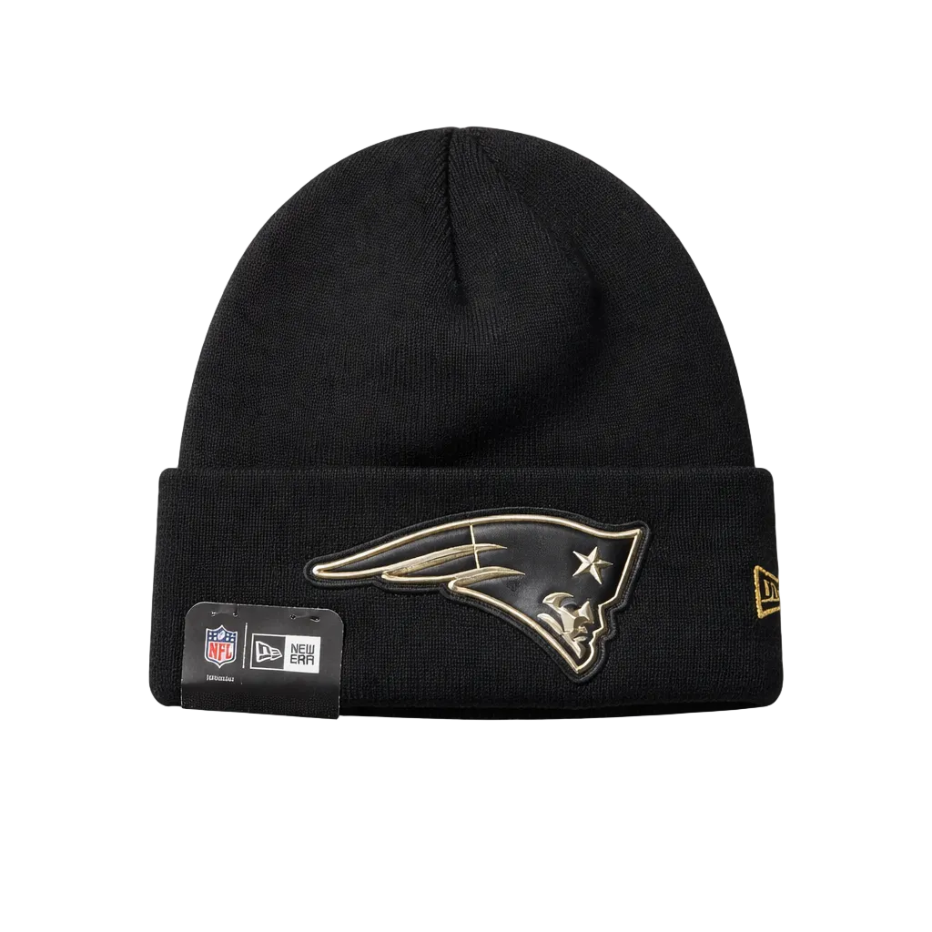 NEW ENGLAND PATRIOTS BLVD HIT KNIT HAT GOLD LOGO ON BLACK