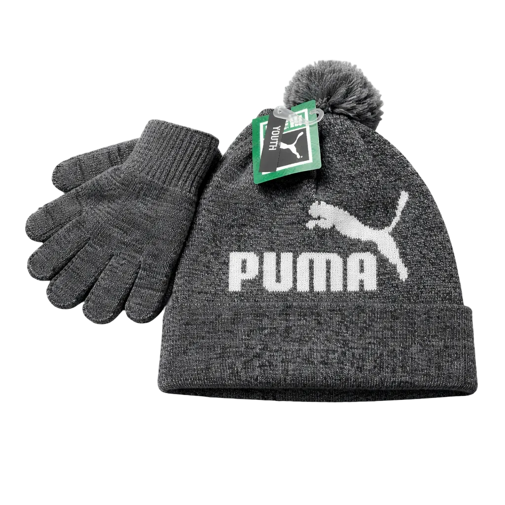 PUMA YOUTH KIDS GREY TOUQUE & GLOVES SET