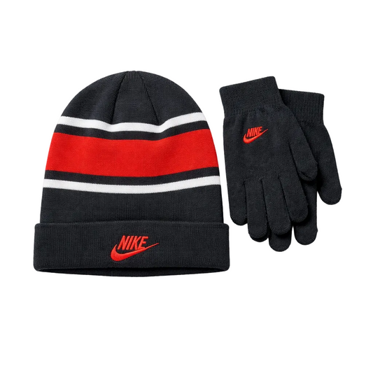 NIKE KIDS BLACK & RED BEANIE & GLOVES SET