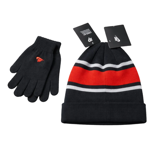 NIKE KIDS BLACK & RED BEANIE & GLOVES SET