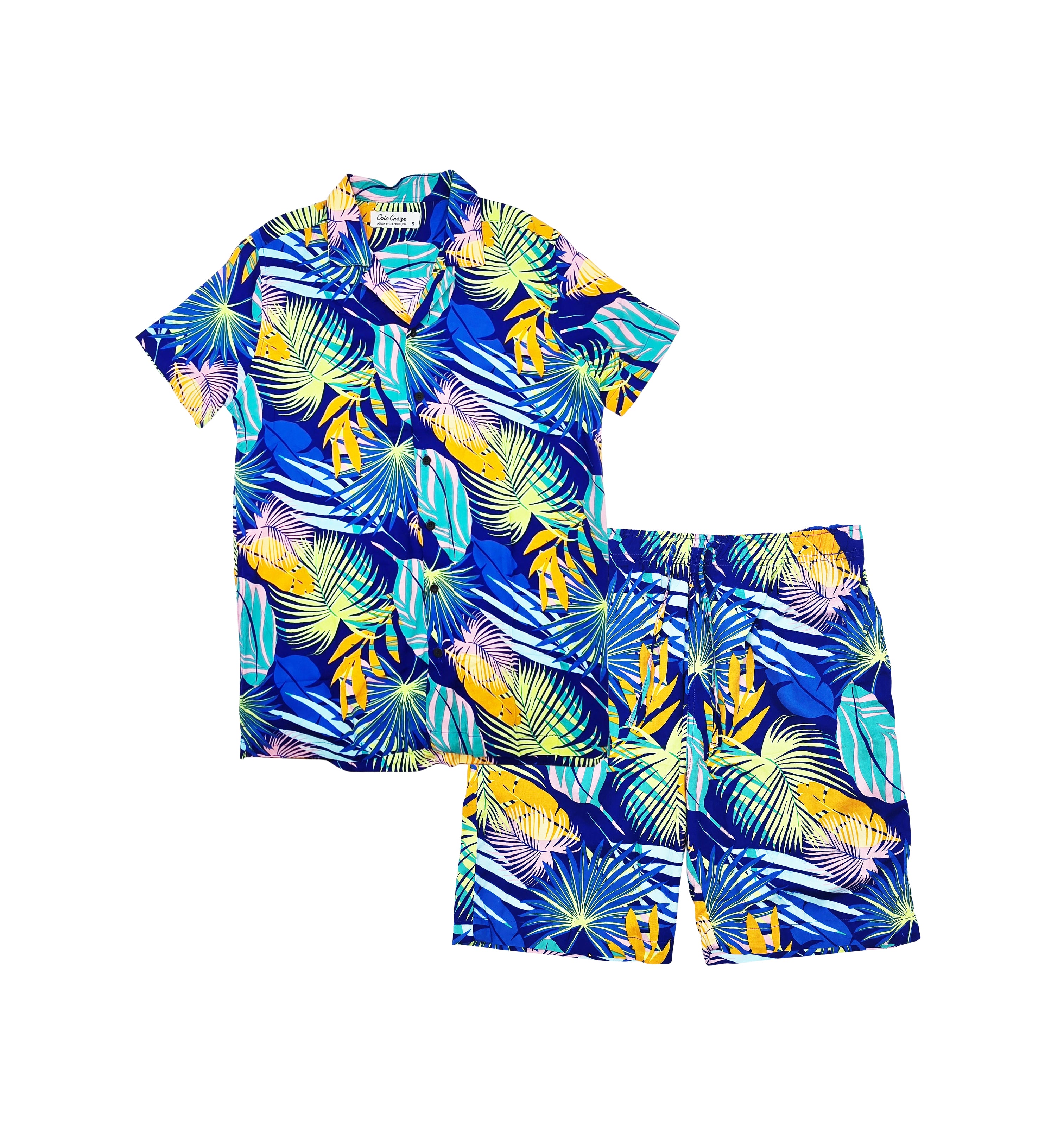 MEN'S COLOR CRAZE 2-PIECE BUTTON UP SHORT SLEEVES SHIRT & SHORTS SET (JUNGLE BLUE)