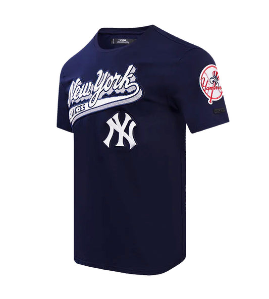 PRO STANDARD MLB NEW YORK YANKEES SCRIPT TAIL MEN'S NAVY BLUE T-SHIRT