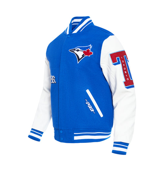 PRO STANDARD MEN'S MLB TORONTO BLUE JAYS OLD ENGLISH 1992 & 1993 WORLD SERIES MASH UP RIB WOOL ROYAL BLUE/ WHITE VARSITY JACKET