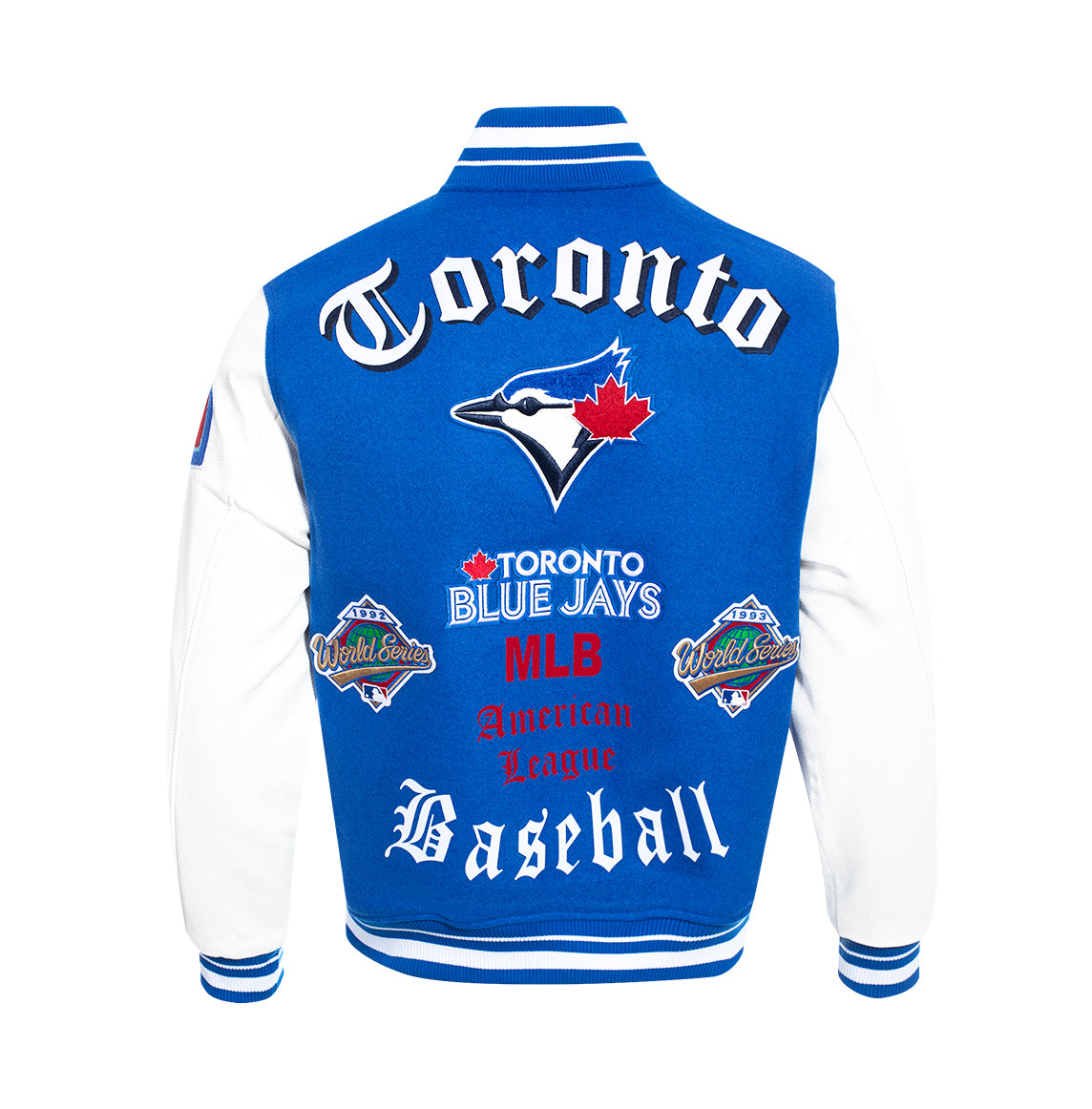 PRO STANDARD MEN'S MLB TORONTO BLUE JAYS OLD ENGLISH 1992 & 1993 WORLD SERIES MASH UP RIB WOOL ROYAL BLUE/ WHITE VARSITY JACKET