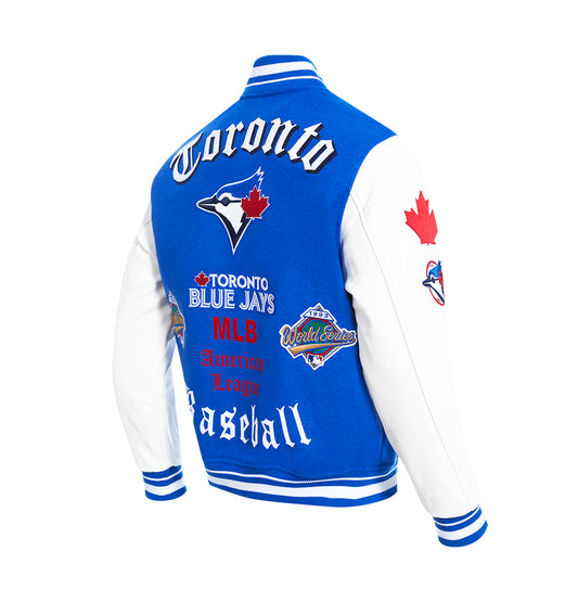 PRO STANDARD MEN'S MLB TORONTO BLUE JAYS OLD ENGLISH 1992 & 1993 WORLD SERIES MASH UP RIB WOOL ROYAL BLUE/ WHITE VARSITY JACKET