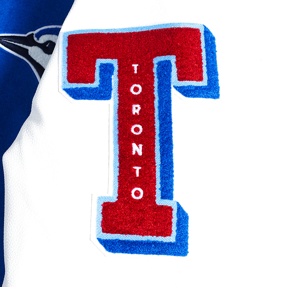 PRO STANDARD MEN'S MLB TORONTO BLUE JAYS OLD ENGLISH 1992 & 1993 WORLD SERIES MASH UP RIB WOOL ROYAL BLUE/ WHITE VARSITY JACKET