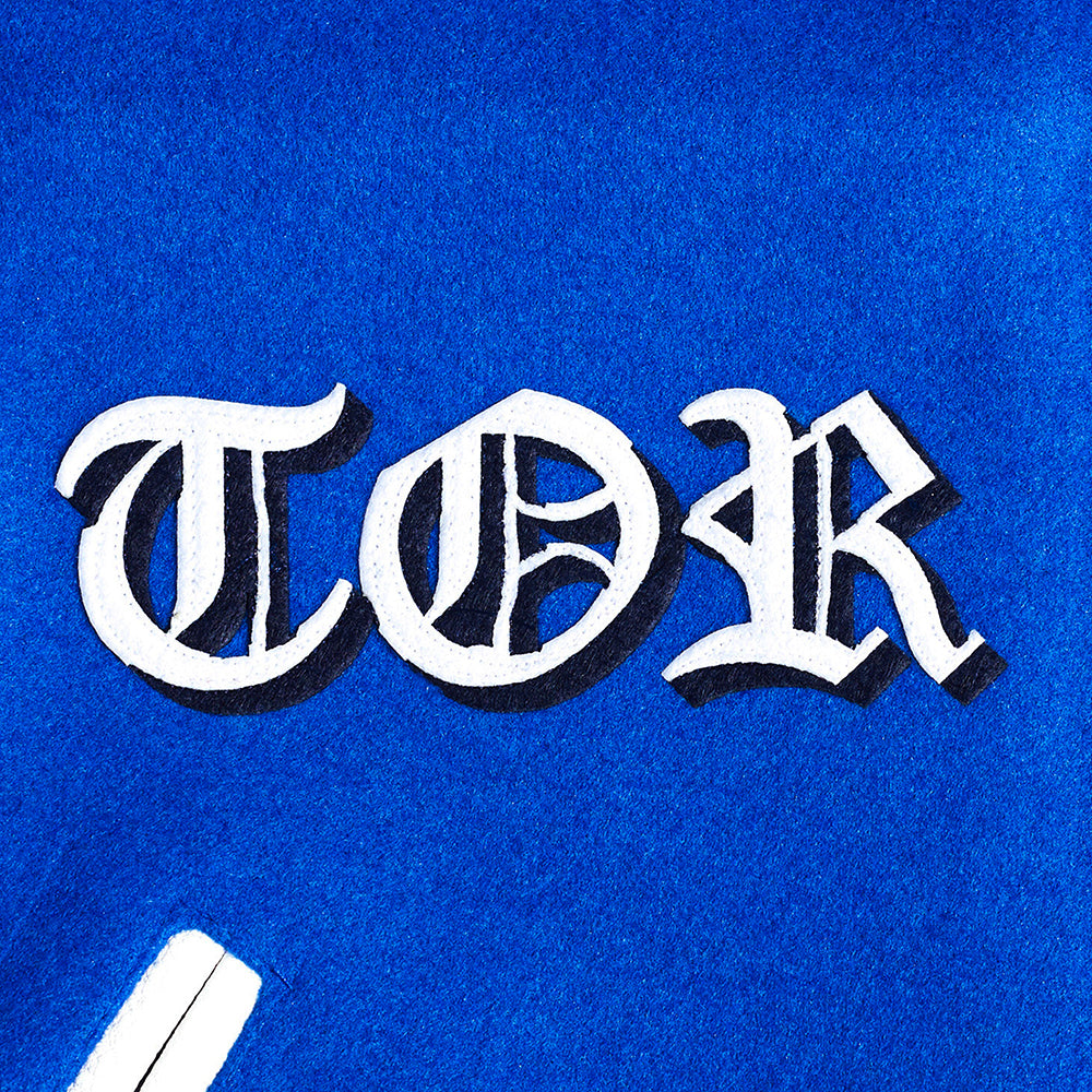 PRO STANDARD MEN'S MLB TORONTO BLUE JAYS OLD ENGLISH 1992 & 1993 WORLD SERIES MASH UP RIB WOOL ROYAL BLUE/ WHITE VARSITY JACKET