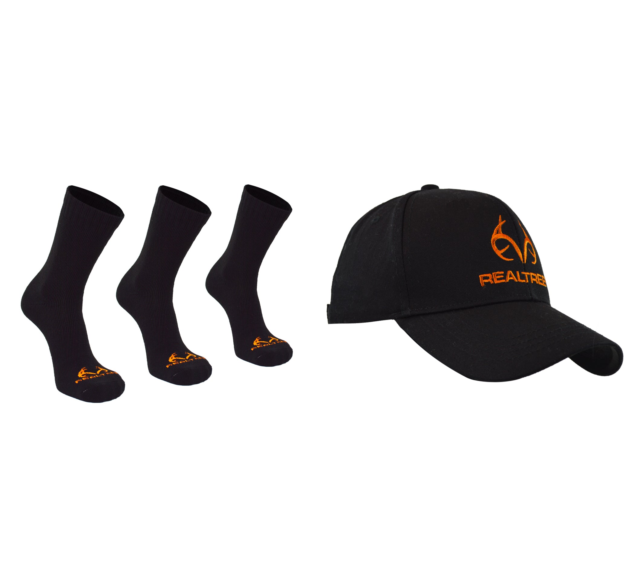 REALTREE MEN'S 3 PAIR LONG CREW SOCKS & CAP COMBO SET (BLACK/ORANGE)