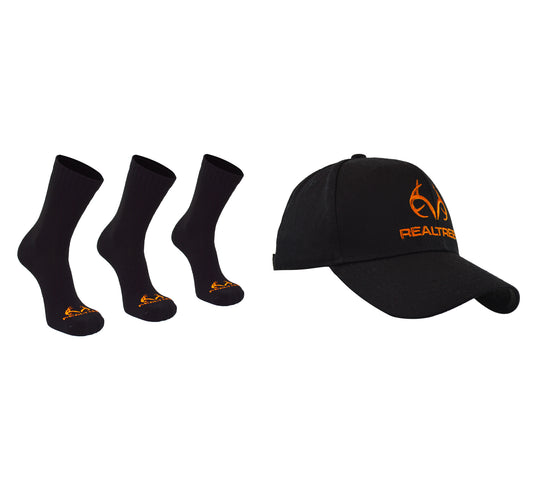 REALTREE MEN'S 3 PAIR LONG CREW SOCKS & CAP COMBO SET (BLACK/ORANGE)