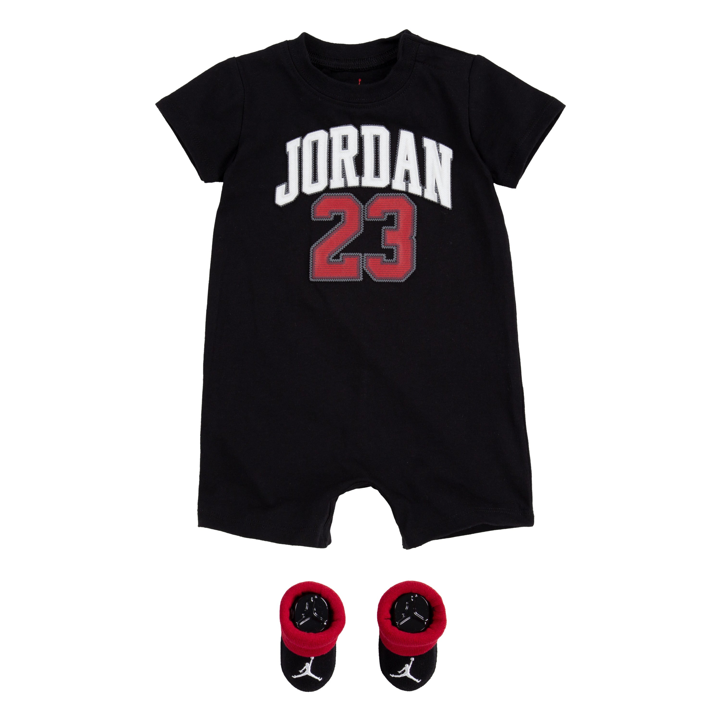 JORDAN NEWBORN ROMPER & BOOTIE SET (BLACK SIZE 0-6 MONTHS)