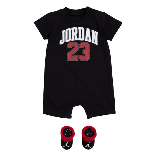 JORDAN NEWBORN ROMPER & BOOTIE SET (BLACK SIZE 0-6 MONTHS)