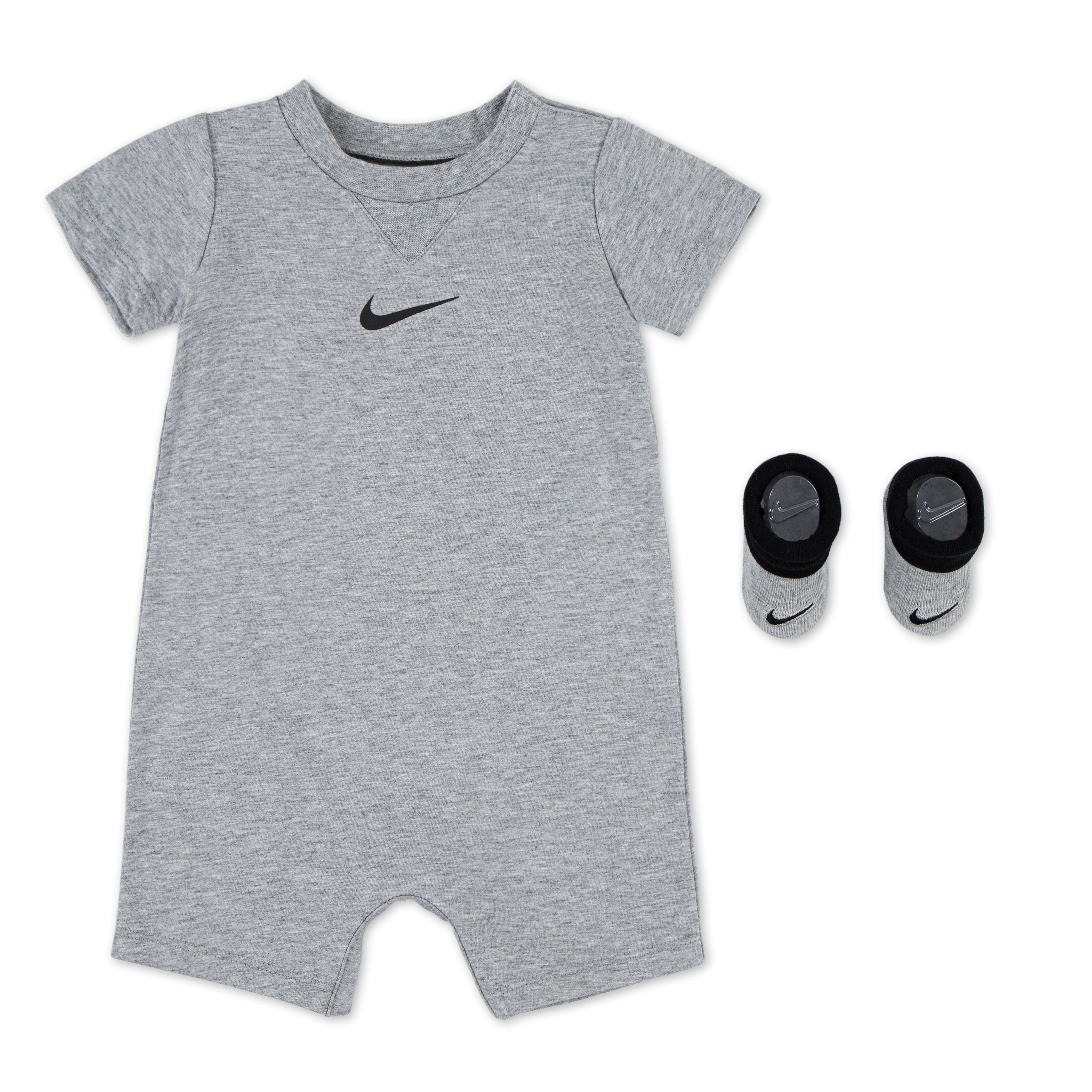 NIKE INFANT BABIES ESSENTIALS ROMPER AND BOOTIES 0-6M DARK GREY SET