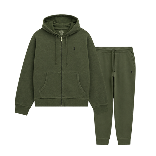 POLO RALPH LAUREN MEN'S DOUBLE KNIT FULL ZIP-UP HOODIE & JOGGER OLIVE GREEN 2-PIECE SET
