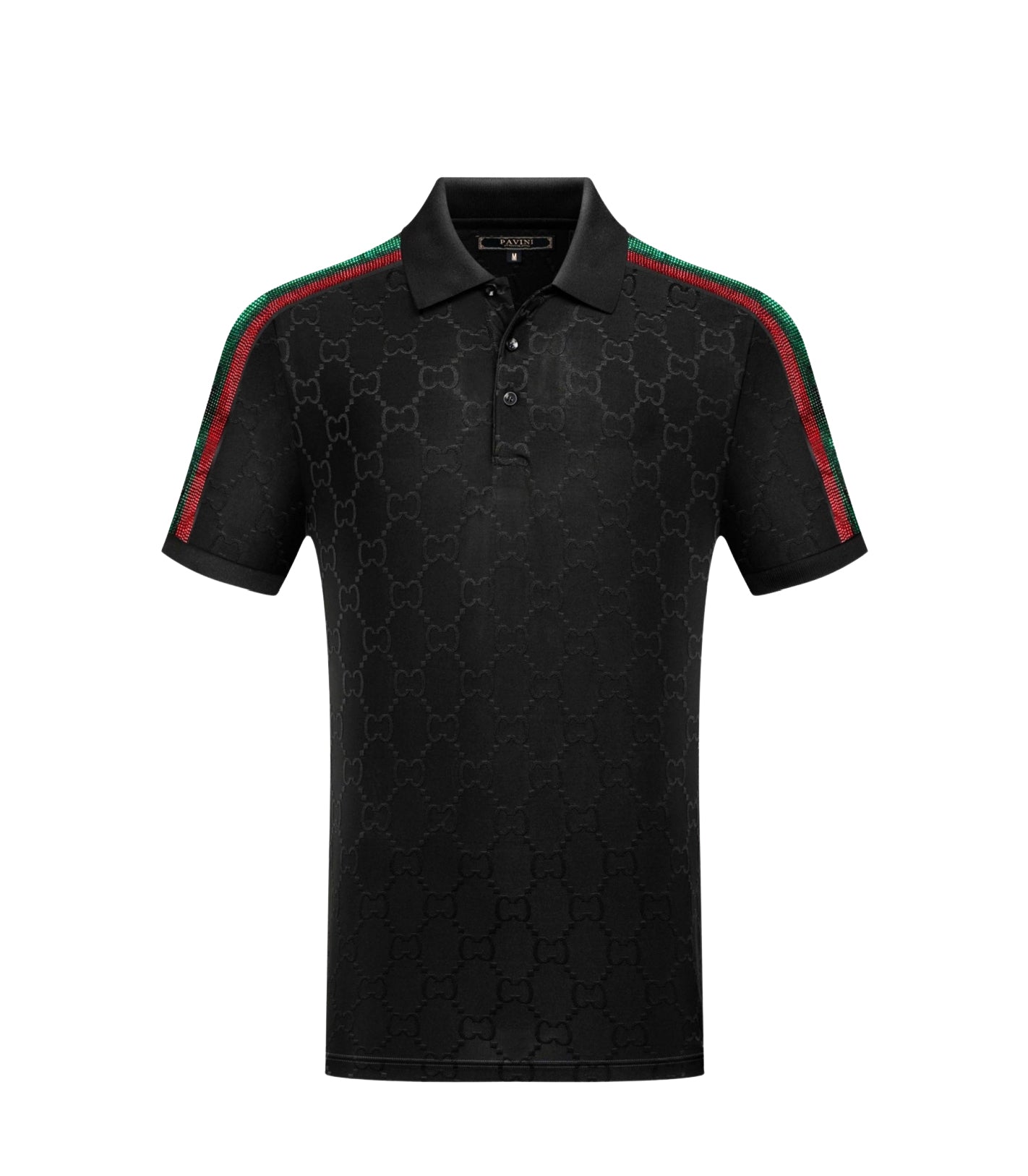 PAVINI MEN'S FASHION RHINESTONE POLO DESIGN T-SHIRT (BLACK P-3226)