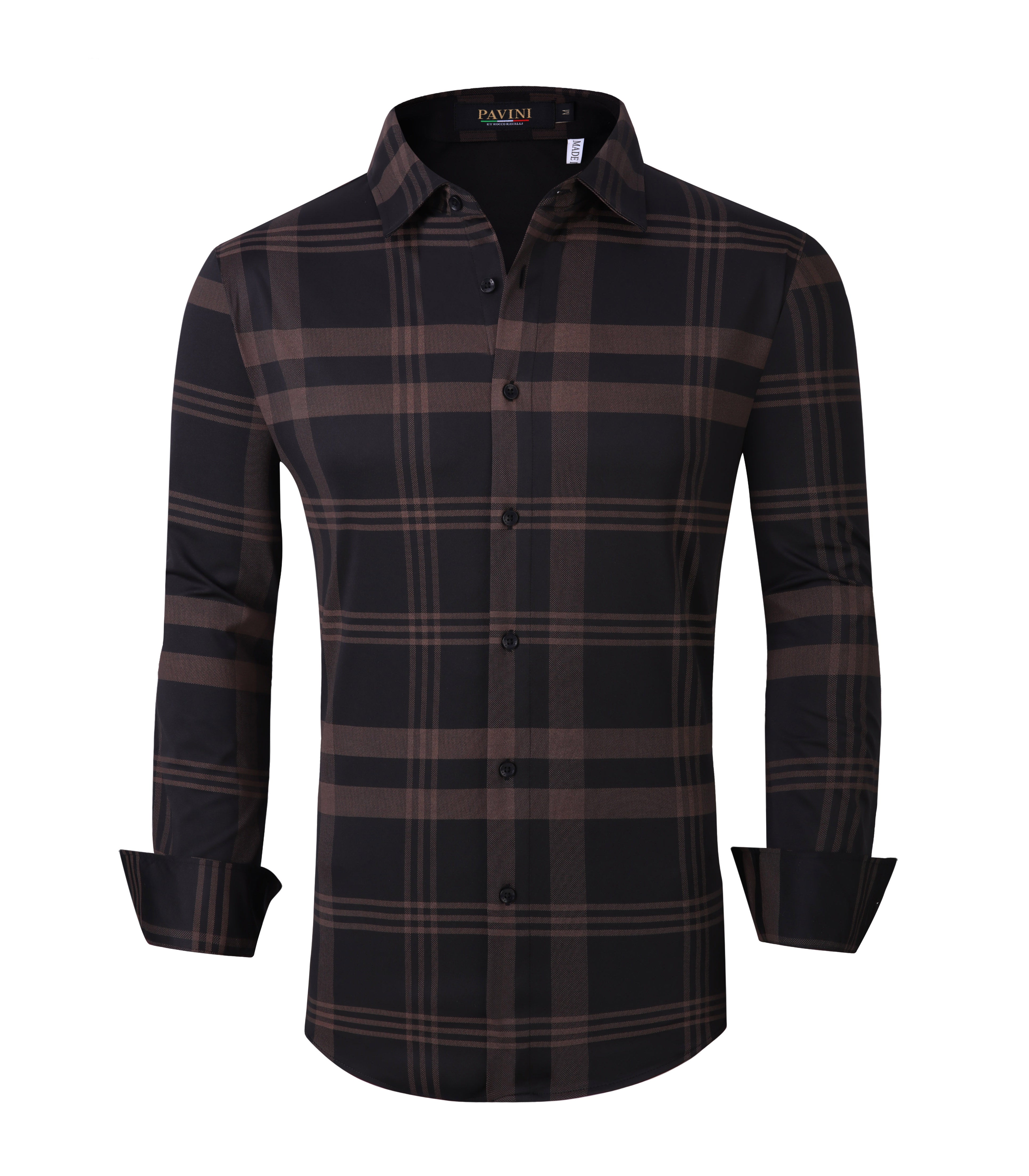 PAVINI MEN'S PLAID BUTTON UP LONG SLEEVE SHIRT (BROWN)