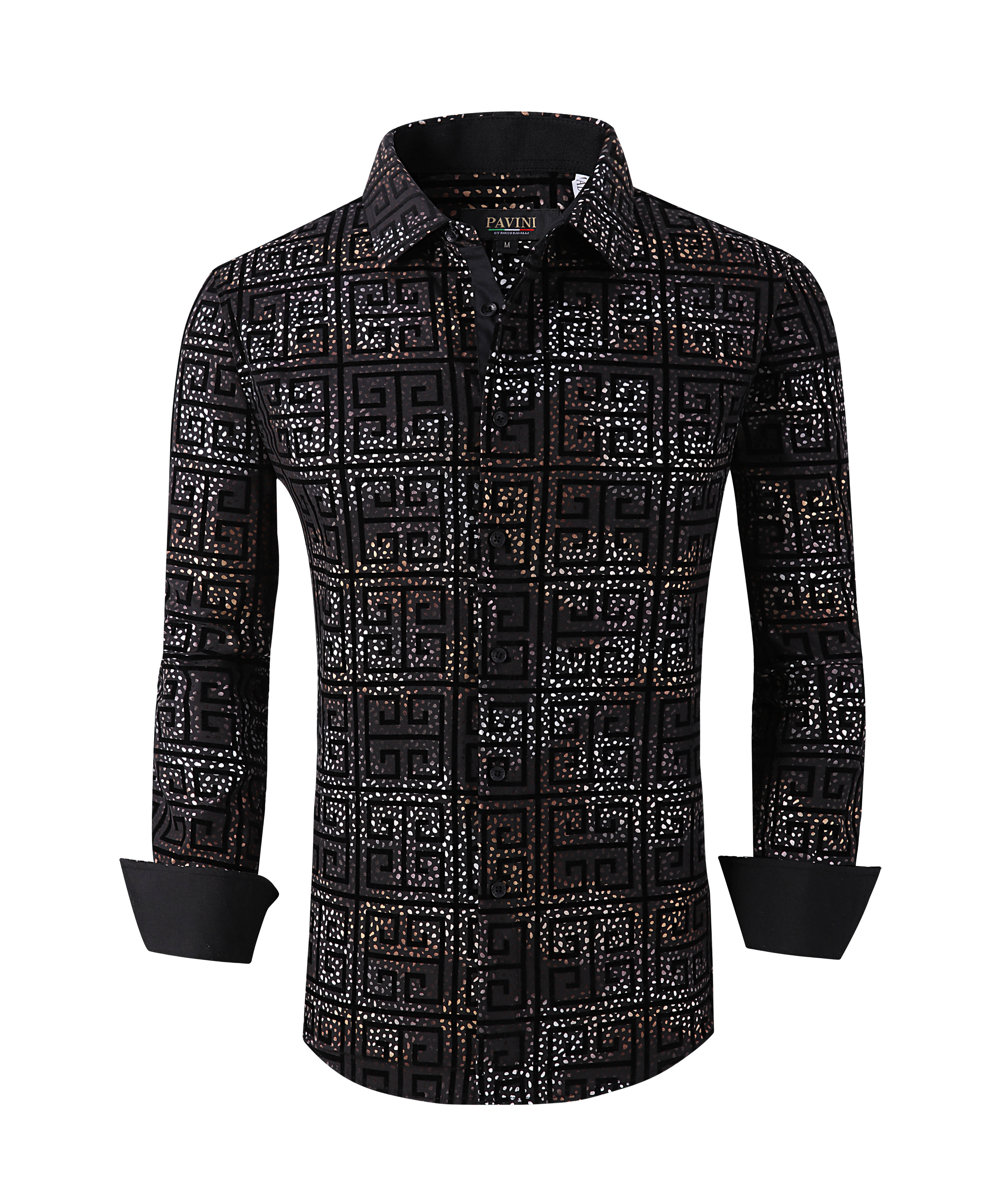 PAVINI MEN'S DESIGNER BUTTON UP LONG SLEEVE SHIRT (BLACK)