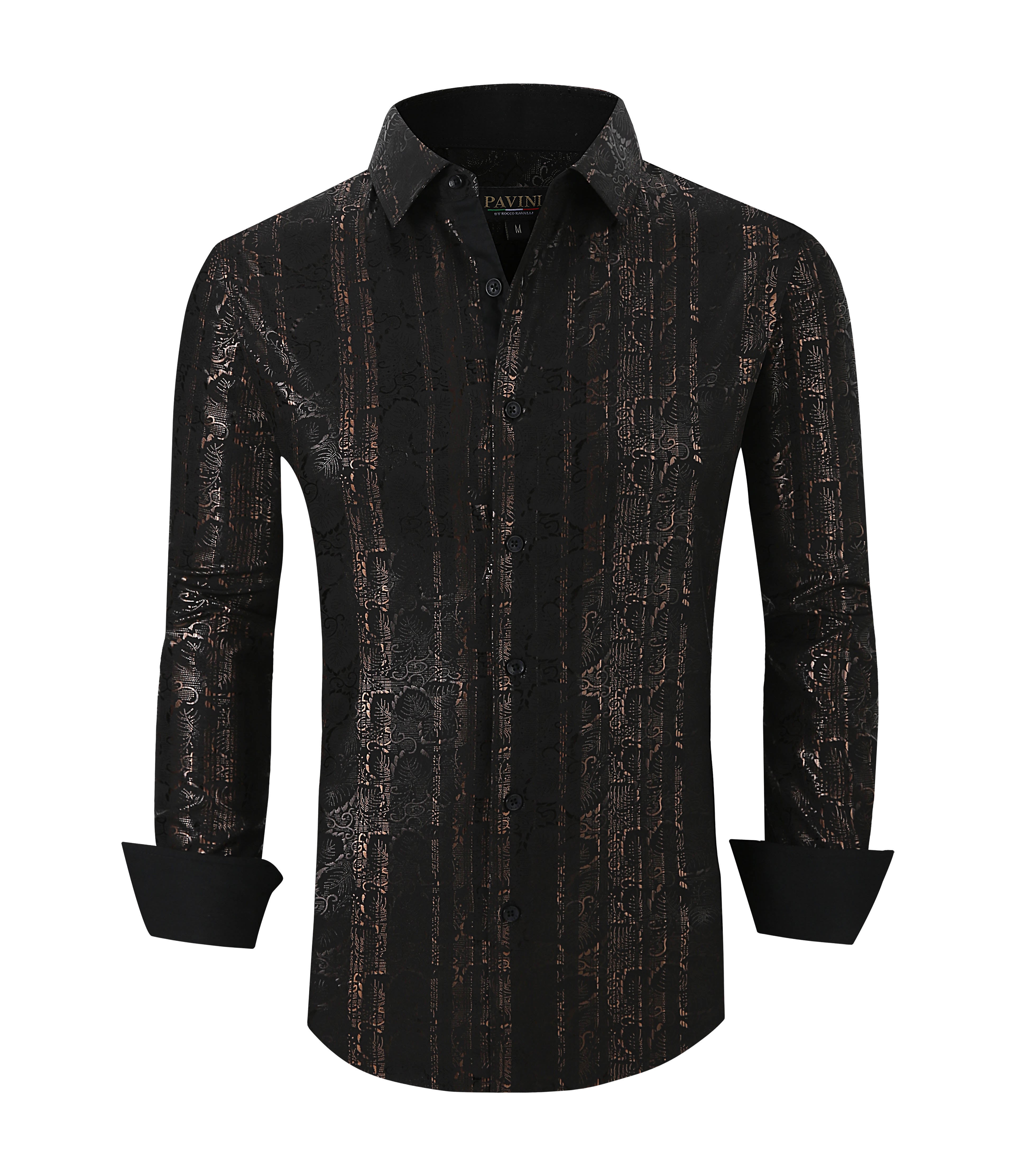 PAVINI MEN'S DESIGNER BUTTON UP LONG SLEEVE SHIRT (BLACK)