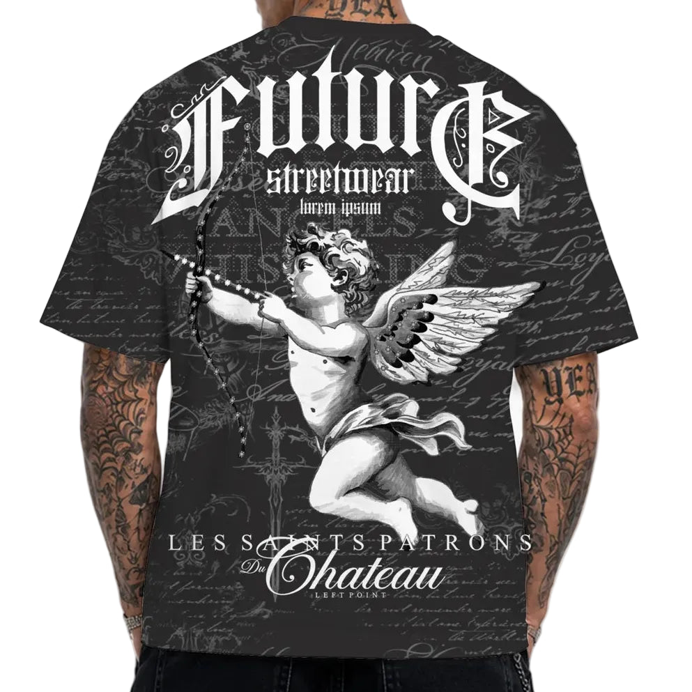 LEFT POINT MEN'S RHINESTONE DESIGN FUTURE STREETWEAR BLACK T-SHIRT