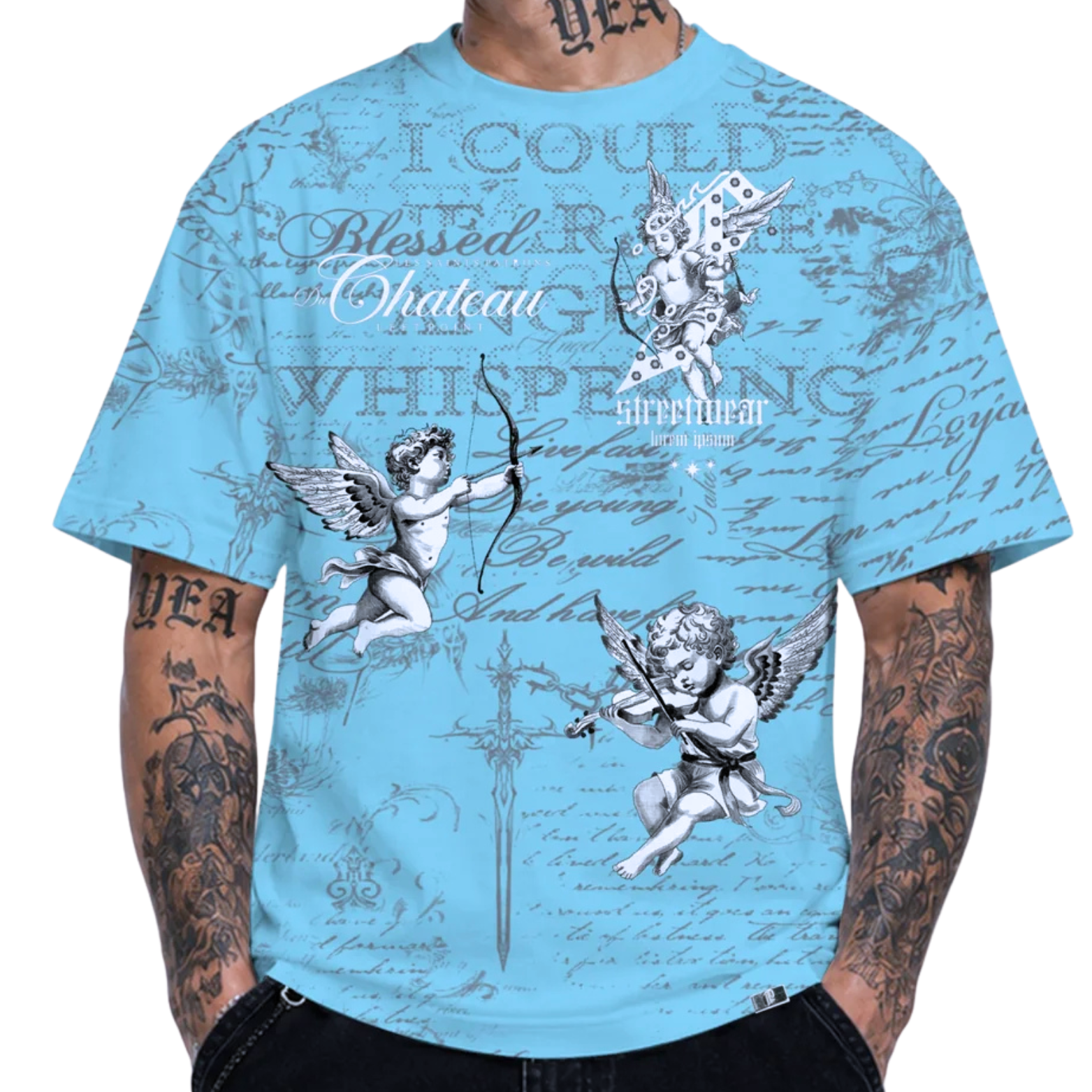 LEFT POINT MEN'S RHINESTONE DESIGN FUTURE STREETWEAR BLUE T-SHIRT