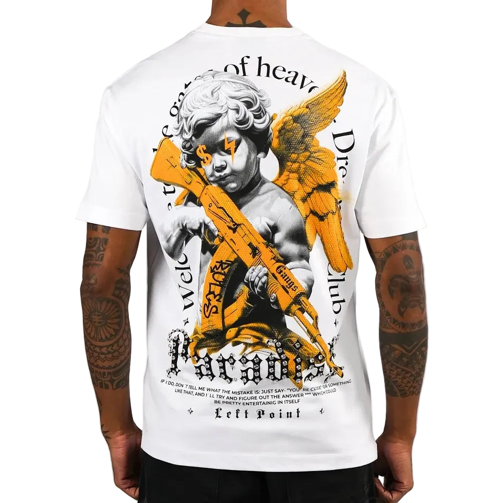 LEFT POINT MEN'S RHINESTONE DESIGN PARADISE WHITE T-SHIRT