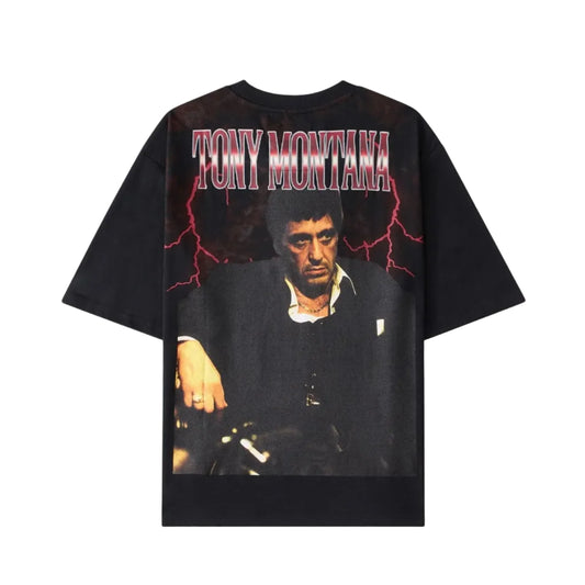 SCARFACE TONY MONTANA FRONT AND BACK GRAPHIC PRINT BLACK T-SHIRT