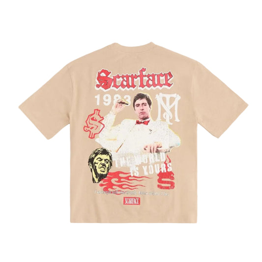 SCARFACE TONY MONTANA EMBROIDERY LARGE BACK PRINT KHAKI T-SHIRT