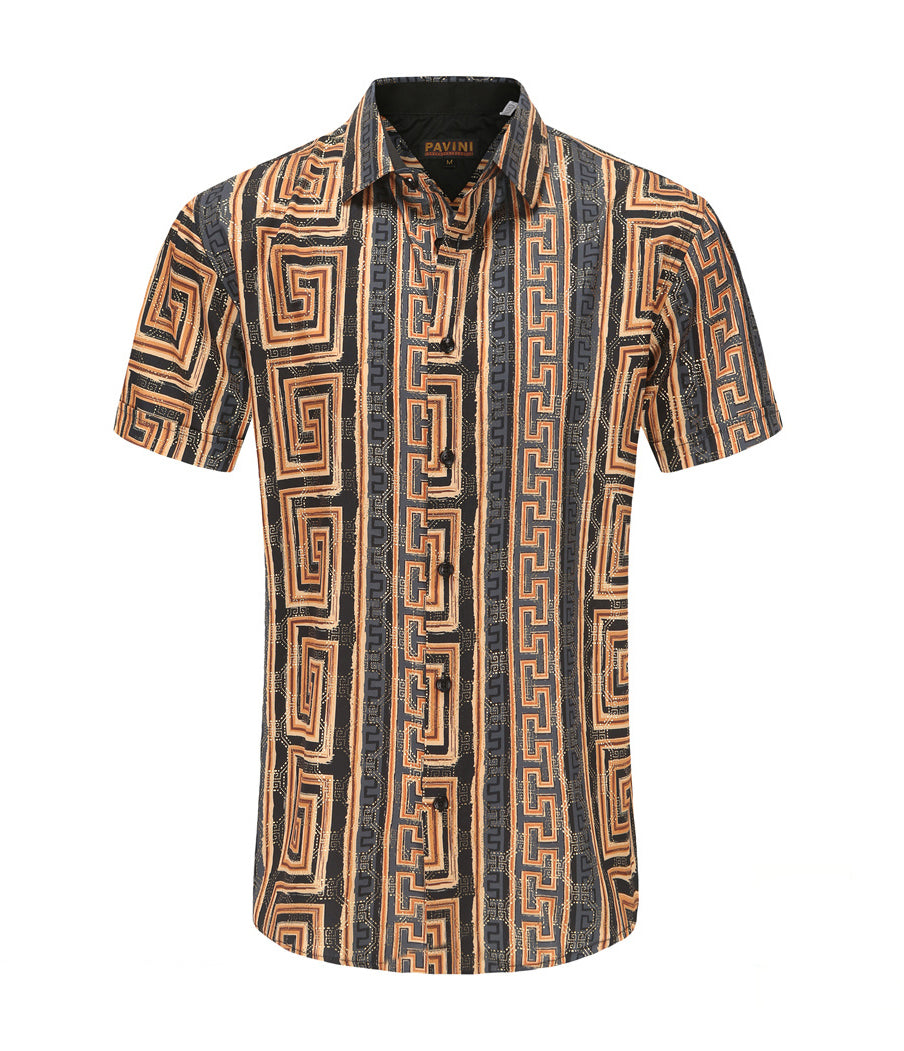 MEN'S DESIGNER FOIL BUTTON UP SHORT SLEEVE SHIRT (BLACK/GOLD)