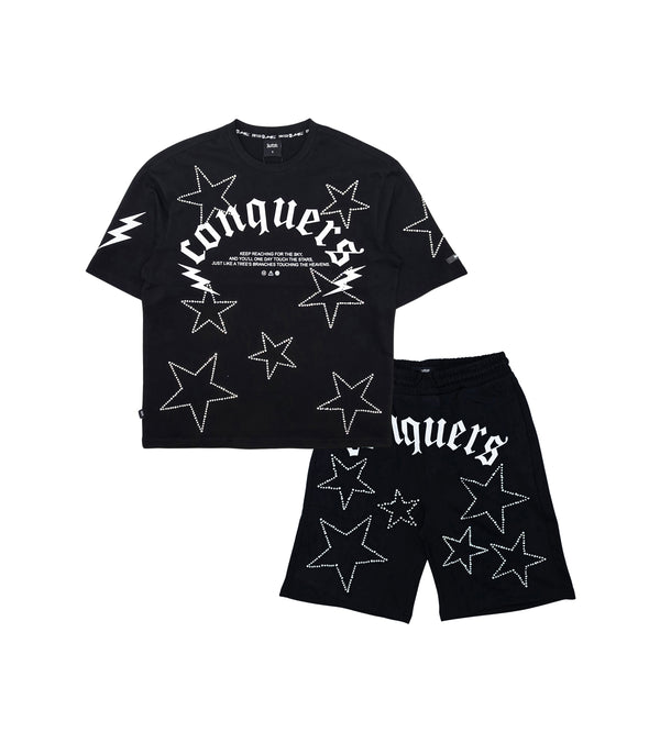 SWITCH MEN'S CONQUERS GRAPHIC & RHINESTONE T-SHIRT/SHORTS SET (BLACK)