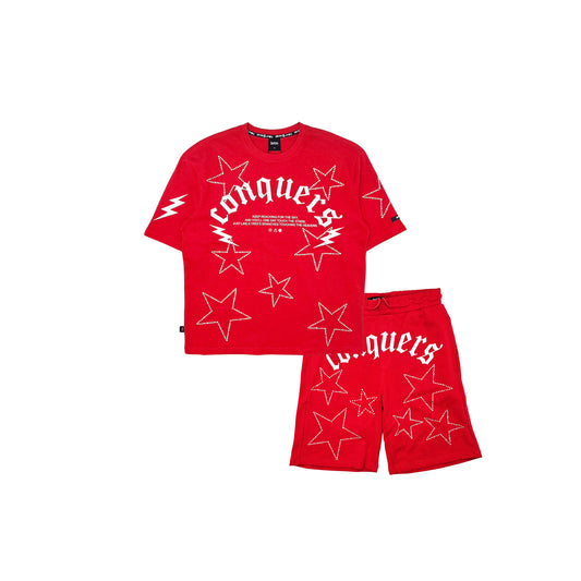 SWITCH MEN'S CONQUERS GRAPHIC & RHINESTONE T-SHIRT/SHORTS SET (RED)