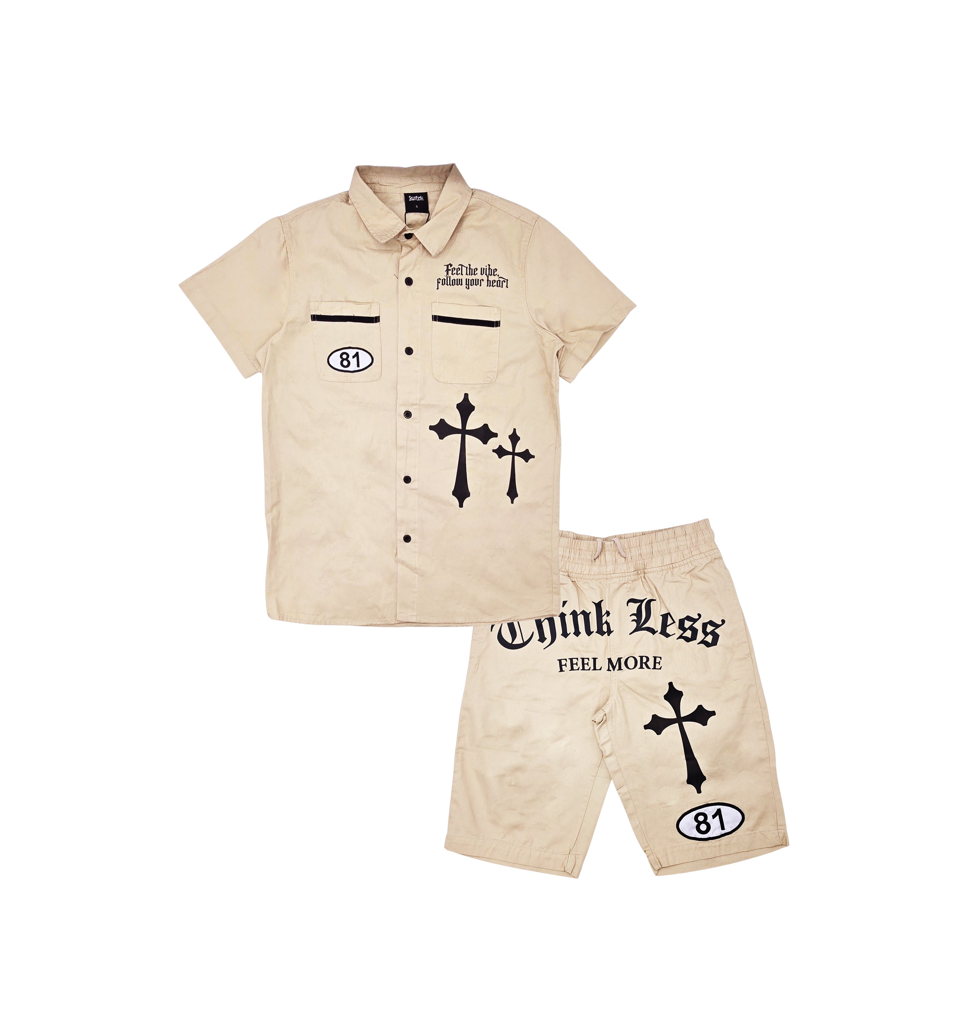 SWITCH MENS TURBO WOVEN SHORT SLEEVE SHIRT/SHORTS SET (SAND BROWN)