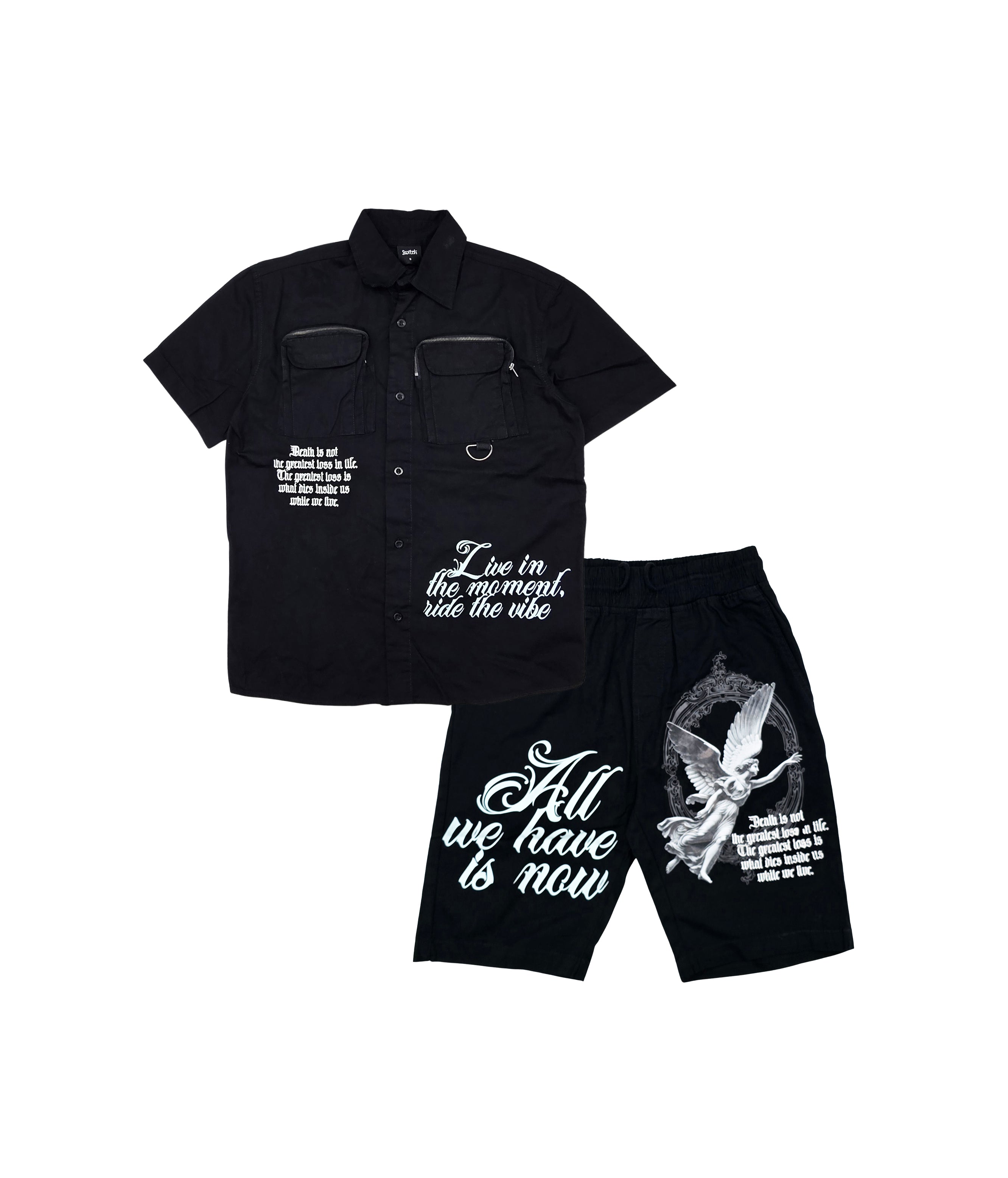 SWITCH MENS WOVEN LIVE IN THE MOMENT SHORT SLEEVE SHIRT/SHORTS SET (BLACK)