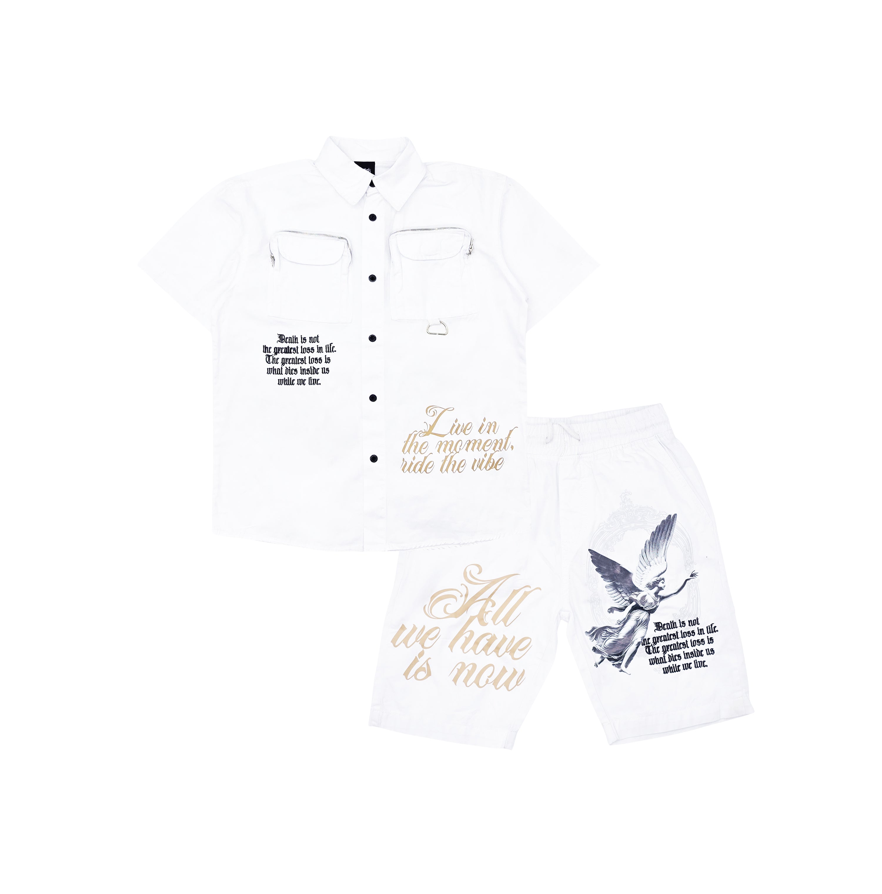 SWITCH MENS WOVEN LIVE IN THE MOMENT SHORT SLEEVE SHIRT/SHORTS SET (WHITE)