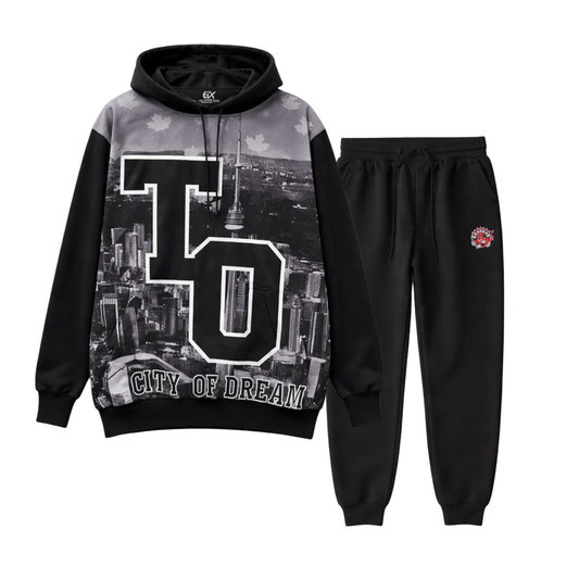 CITY OF DREAMS ALL-OVER PRINT MEN'S FLEECE BIG & TALL TRACKSET (BLACK)