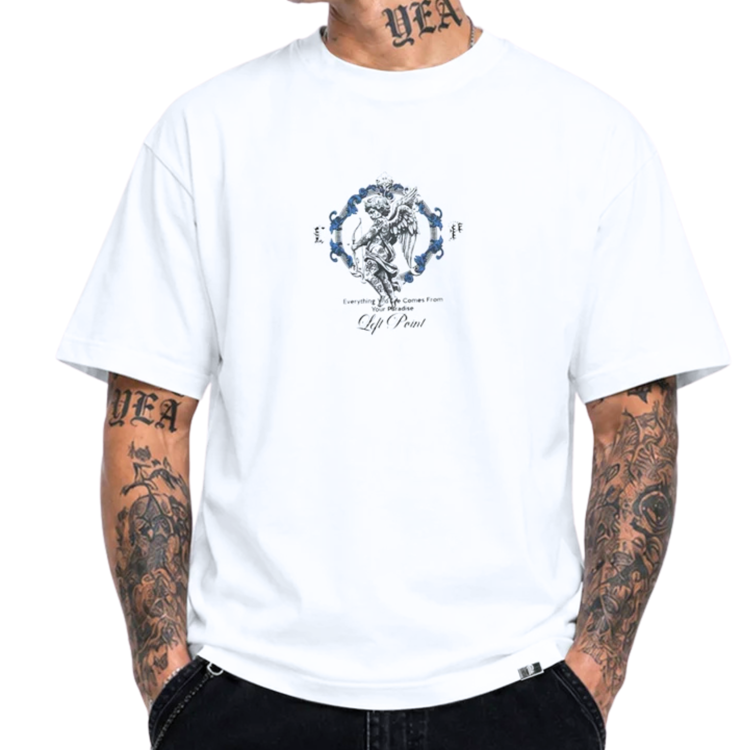 LEFT POINT MEN'S RHINESTONE DESIGN PARADISE WHITE T-SHIRT