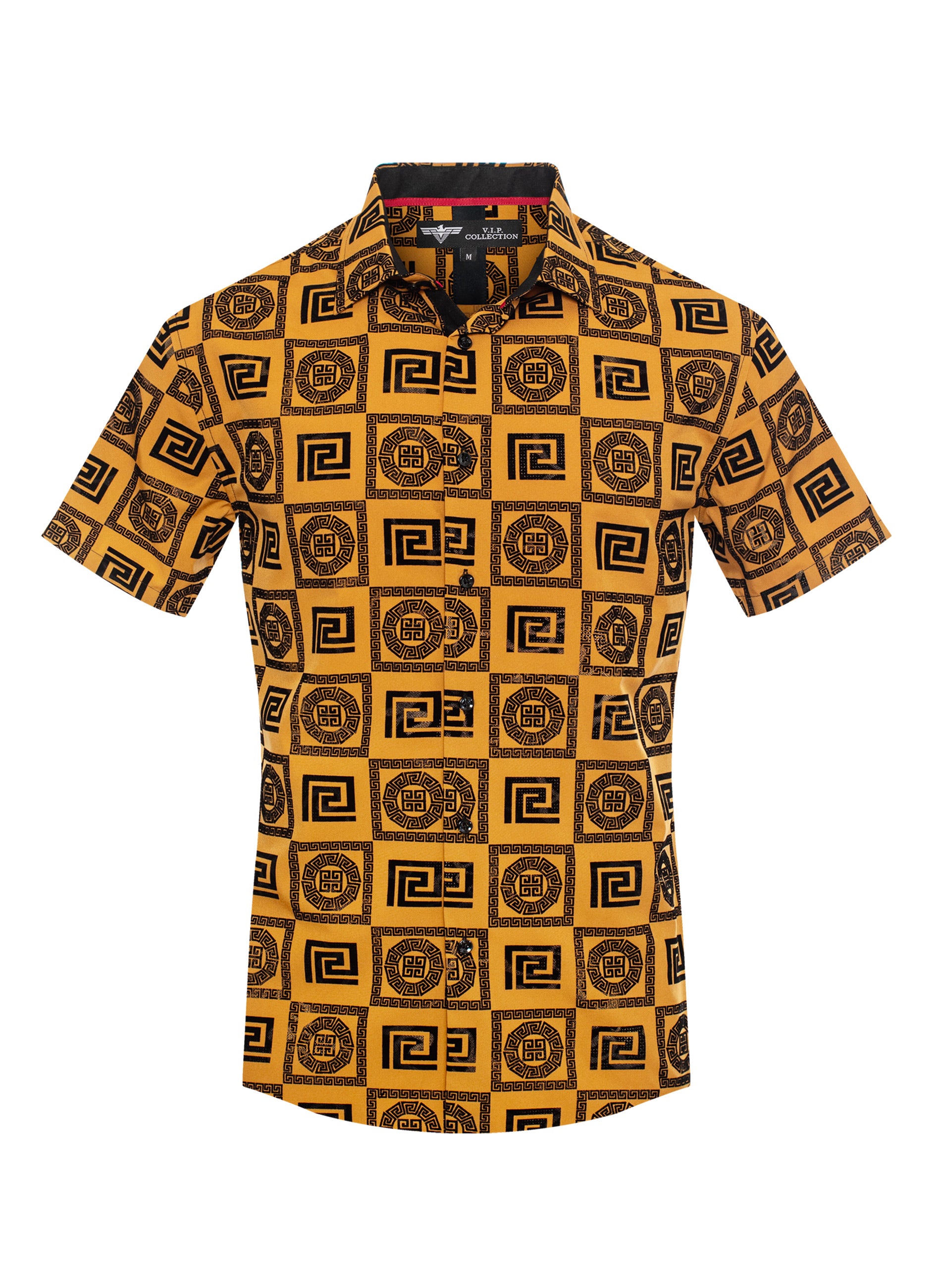 V.I.P. COLLECTION MEN'S FASHION FLOCK BUTTON-UP SHORT SLEEVES SHIRT (YELLOW VFLSS-30)