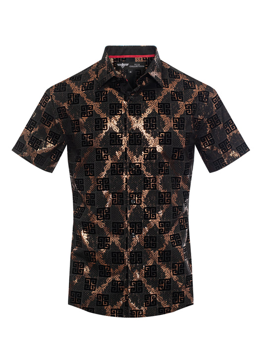 V.I.P. COLLECTION MEN'S FASHION FLOCK BUTTON-UP SHORT SLEEVES SHIRT (BLACK/GOLD VFLSS-40)