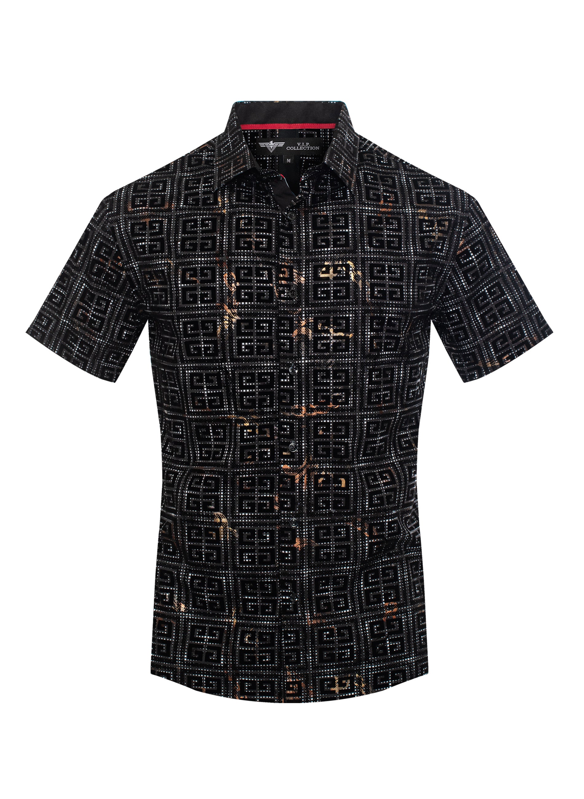 V.I.P. COLLECTION MEN'S FASHION FLOCK BUTTON-UP SHORT SLEEVES SHIRT (BLACK VFLSS-45)