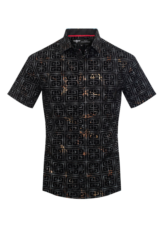 V.I.P. COLLECTION MEN'S FASHION FLOCK BUTTON-UP SHORT SLEEVES SHIRT (BLACK VFLSS-45)