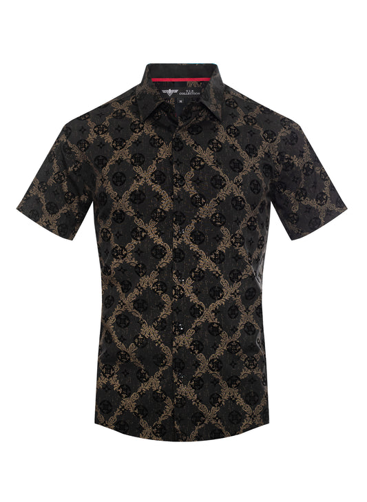 V.I.P. COLLECTION MEN'S FASHION FLOCK BUTTON-UP SHORT SLEEVES SHIRT (BLACK VFLSS-49)