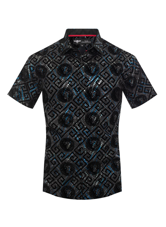 V.I.P. COLLECTION MEN'S FASHION FLOCK BUTTON-UP SHORT SLEEVES SHIRT (BLACK VFLSS-54)