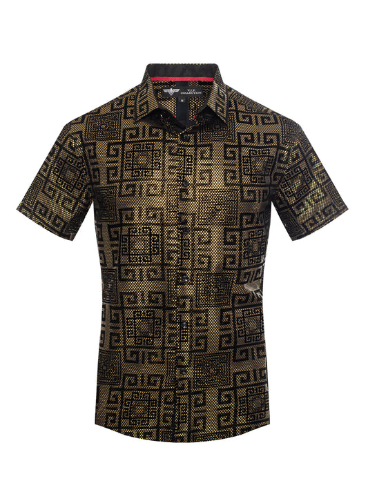 V.I.P. COLLECTION MEN'S FASHION FLOCK BUTTON-UP SHORT SLEEVES SHIRT (GOLD/BLACK VFLSS-58)