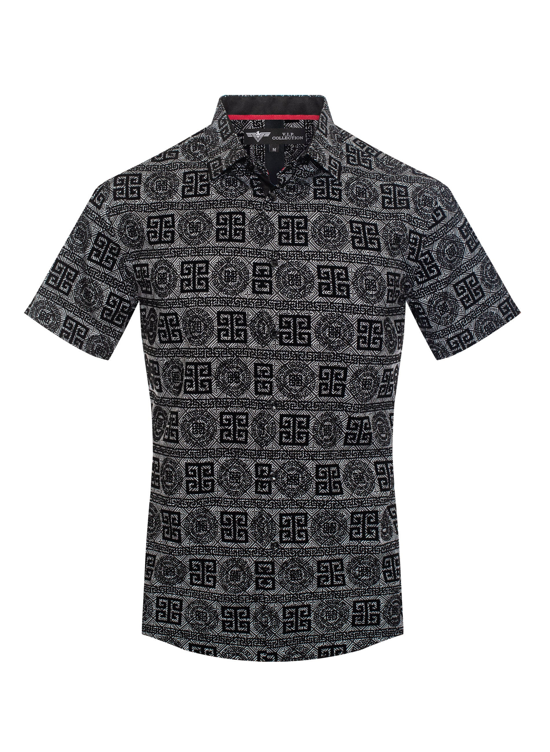 V.I.P. COLLECTION MEN'S FASHION FLOCK BUTTON-UP SHORT SLEEVES SHIRT (BLACK/WHITE VFLSS-59)