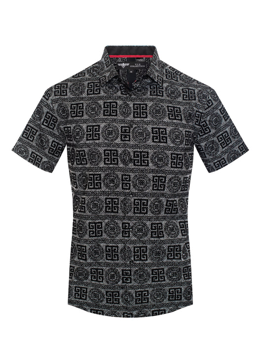 V.I.P. COLLECTION MEN'S FASHION FLOCK BUTTON-UP SHORT SLEEVES SHIRT (BLACK/WHITE VFLSS-59)