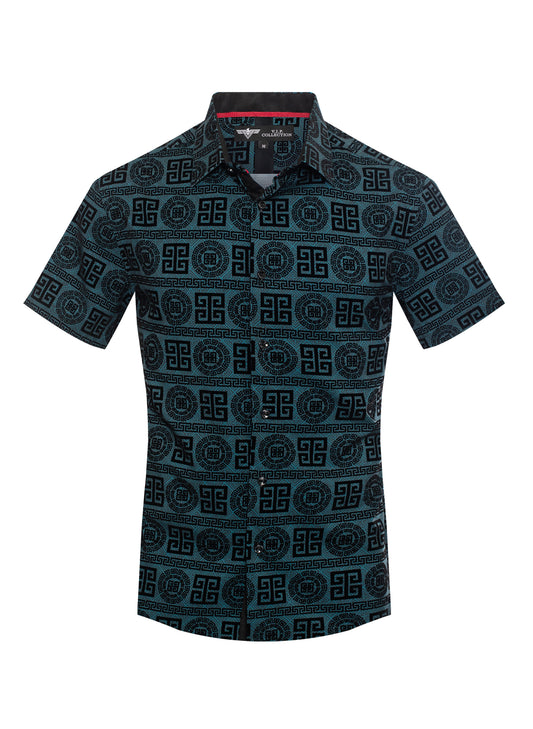 V.I.P. COLLECTION MEN'S FASHION FLOCK BUTTON-UP SHORT SLEEVES SHIRT (GREEN VFLSS-60)