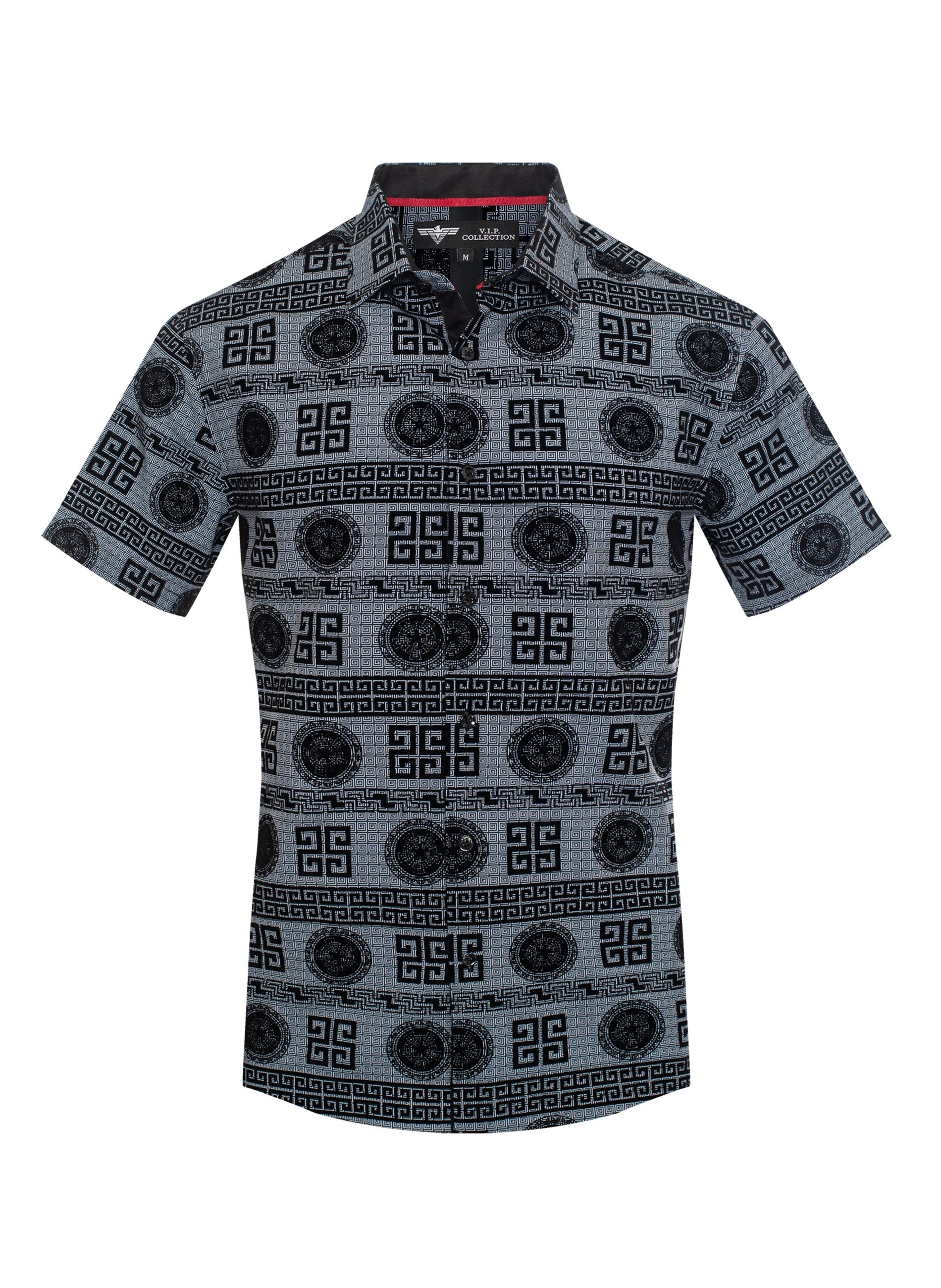 V.I.P. COLLECTION MEN'S FASHION FLOCK BUTTON-UP SHORT SLEEVES SHIRT (BLACK/WHITE VFLSS-63)