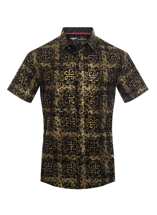 V.I.P. COLLECTION MEN'S FASHION FLOCK BUTTON-UP SHORT SLEEVES SHIRT (BLACK/GOLD VFLSS-68)