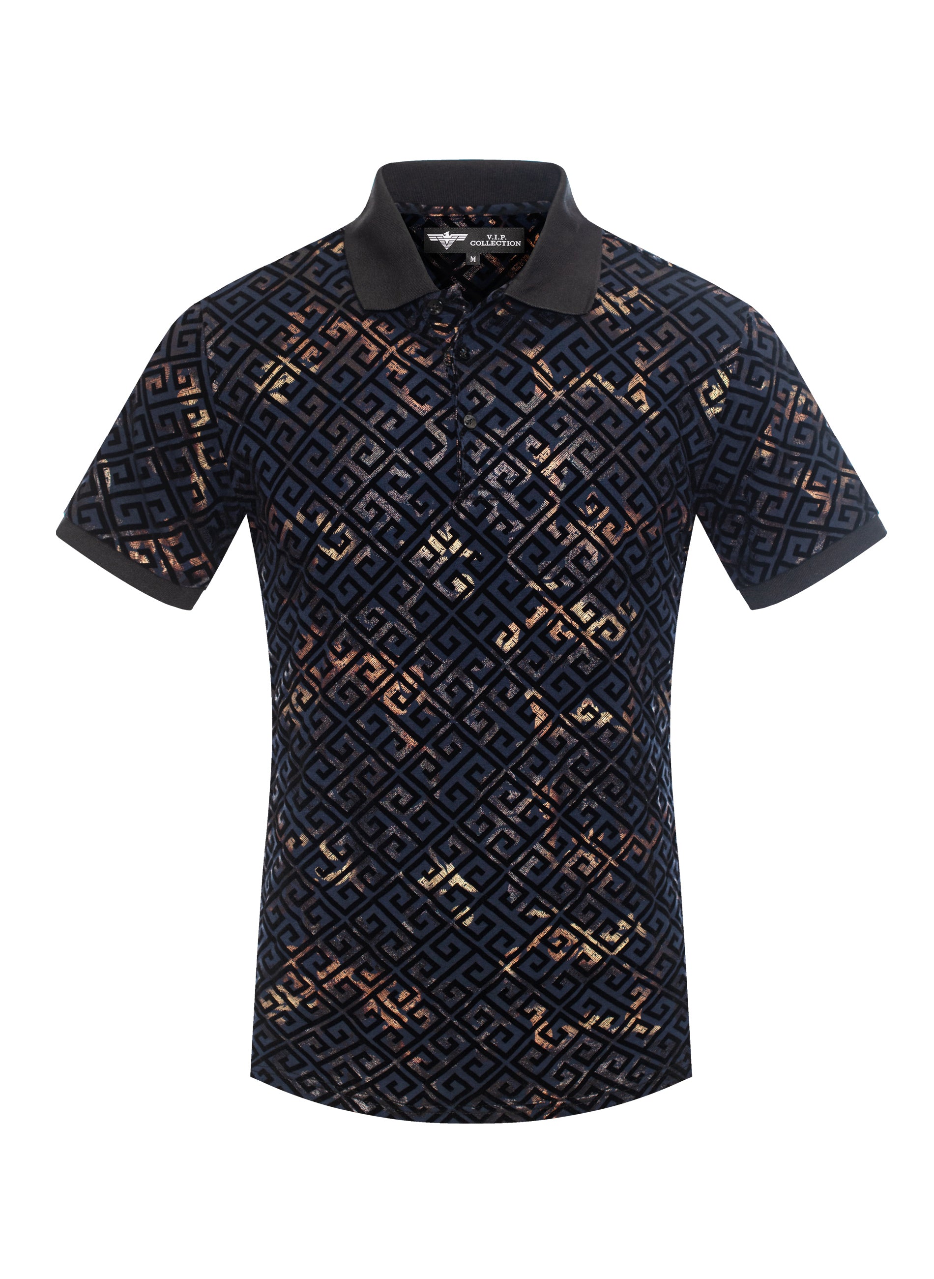 V.I.P. COLLECTION MEN'S FASHION FLOCK POLO T-SHIRT (NAVY BLUE VPFL-27)