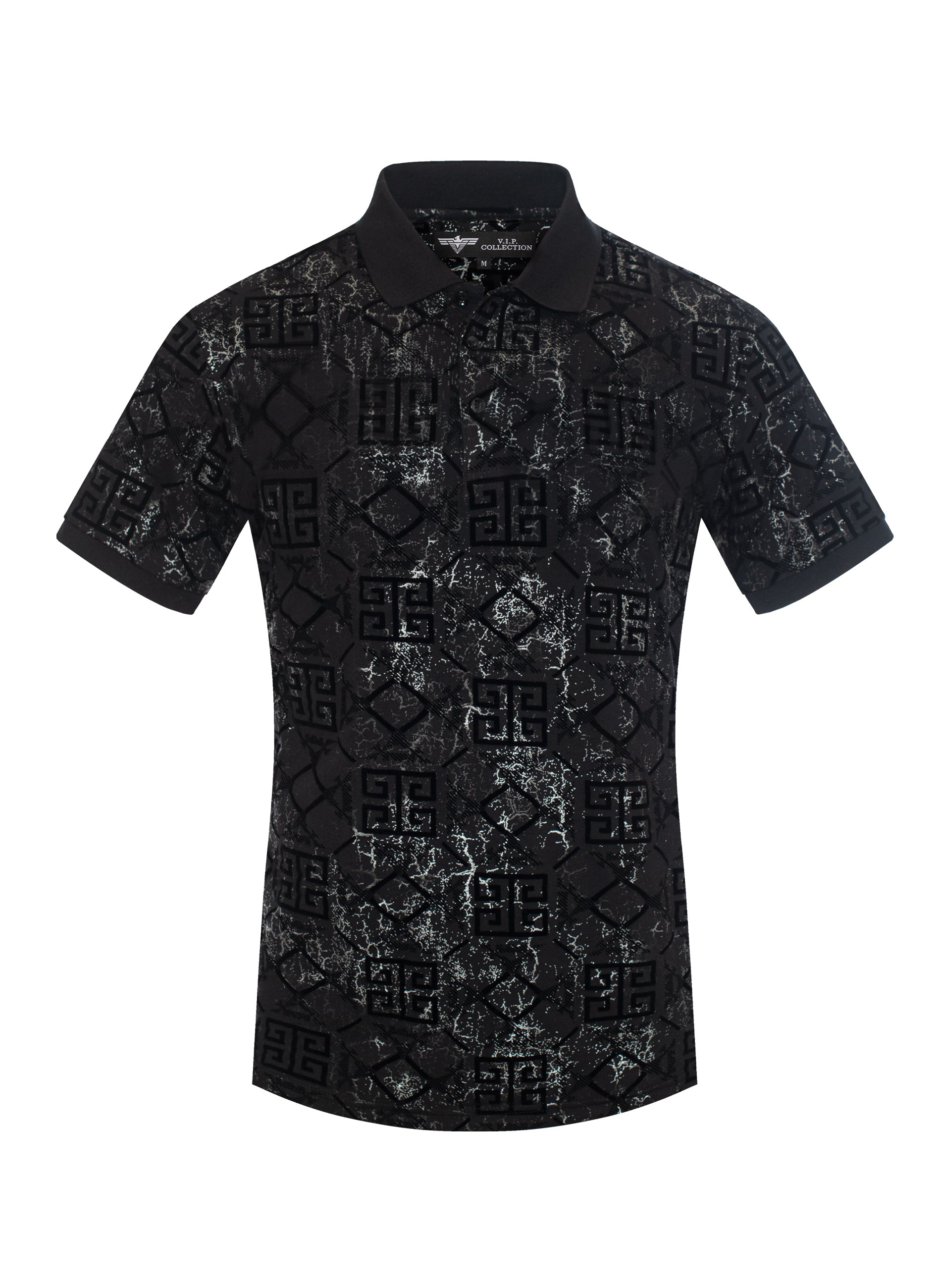 V.I.P. COLLECTION MEN'S FASHION FLOCK POLO T-SHIRT (BLACK VPFL-47)
