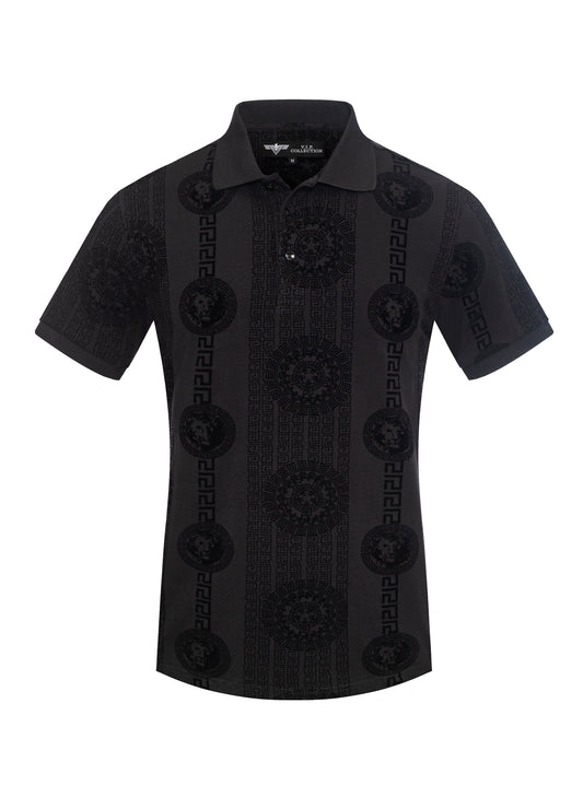 V.I.P. COLLECTION MEN'S FASHION FLOCK POLO T-SHIRT (BLACK VPFL-57)