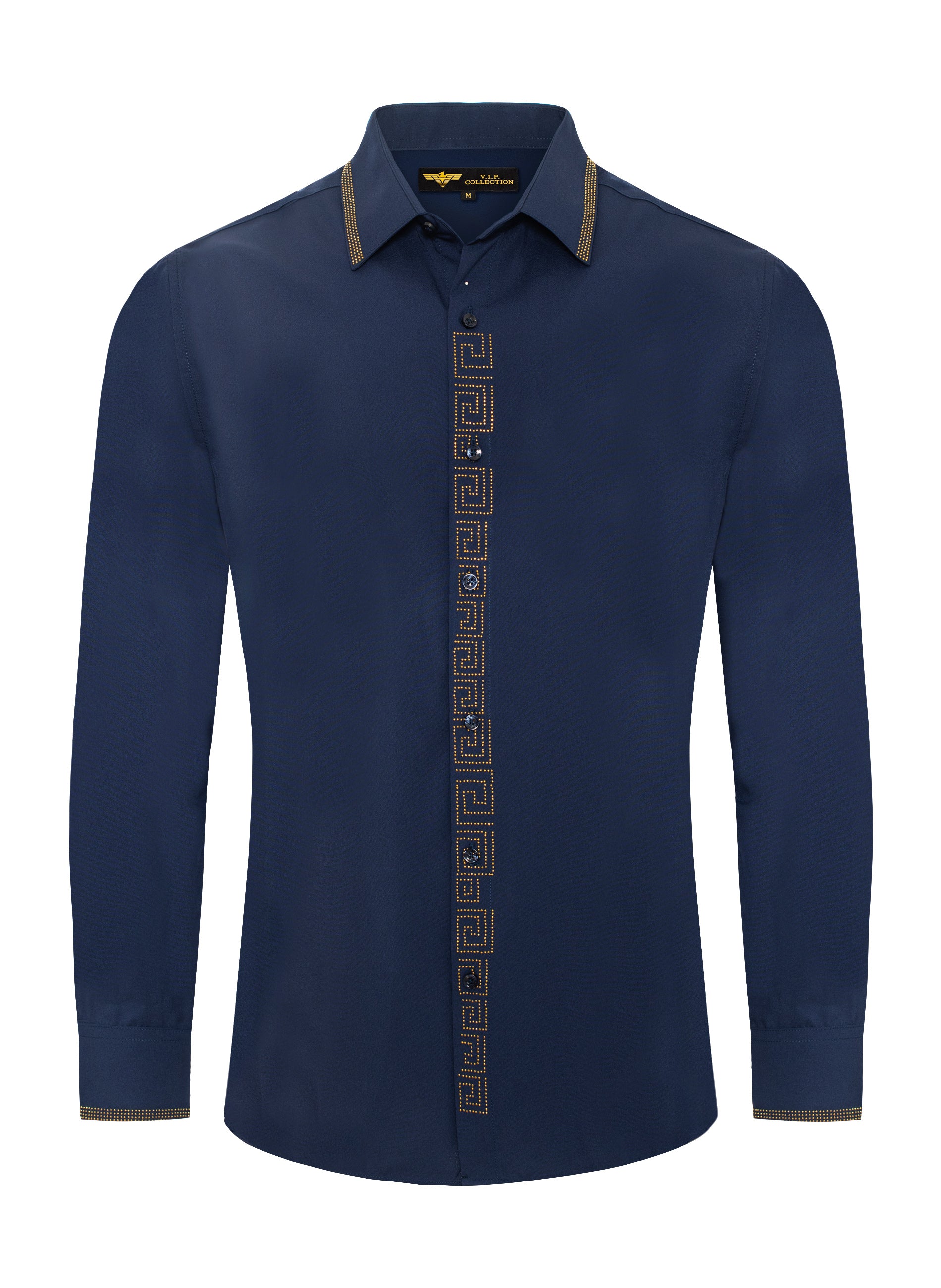 V.I.P. COLLECTION MEN'S RHINESTONE & EMBROIDERY BUTTON-UP LONG SLEEVES SHIRT (NAVY BLUE VWSF-10)
